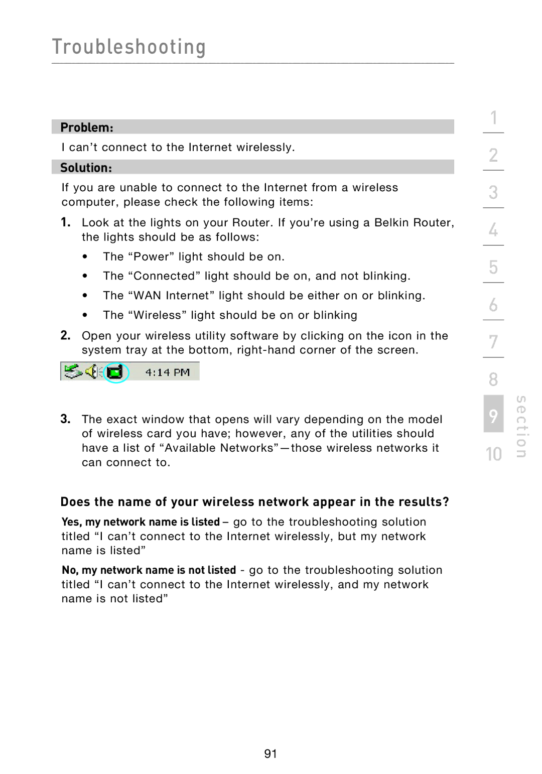 Belkin F5D9230UK4 user manual Can’t connect to the Internet wirelessly 