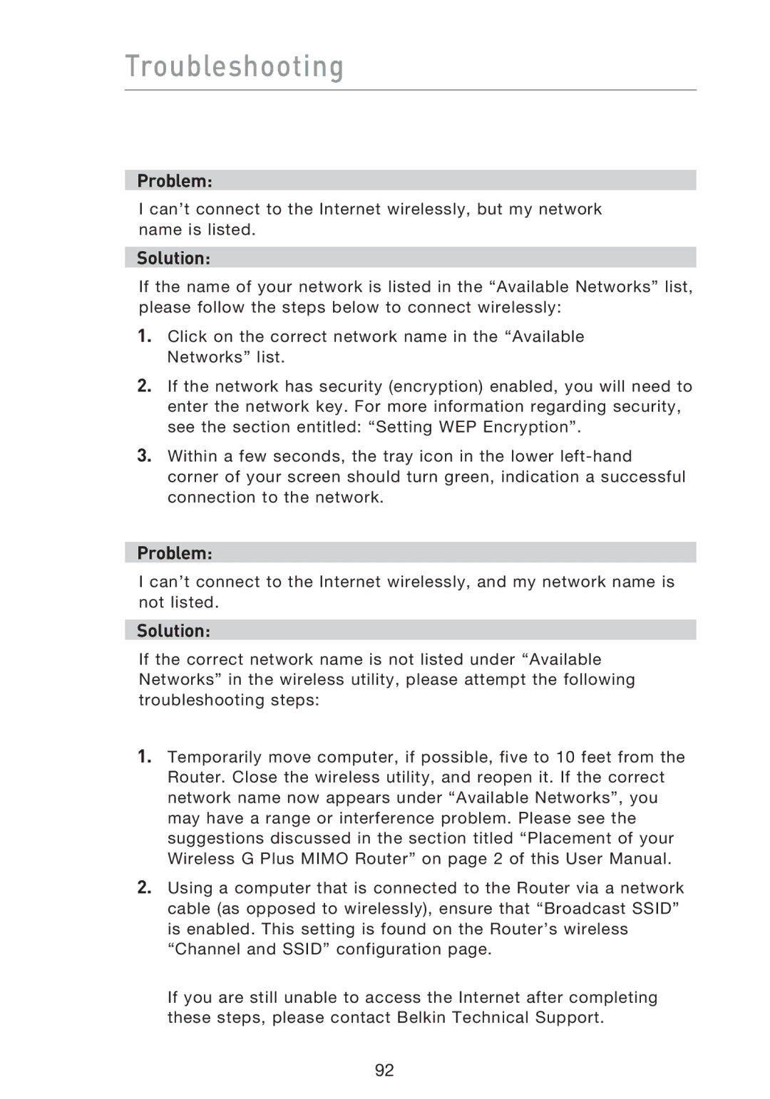 Belkin F5D9230UK4 user manual Troubleshooting 