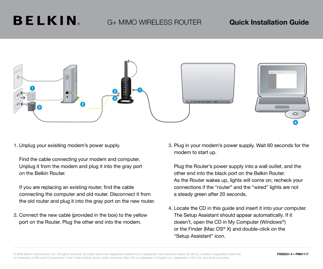 Belkin manual Quick Installation Guide, F5D9231-4 PM01117 