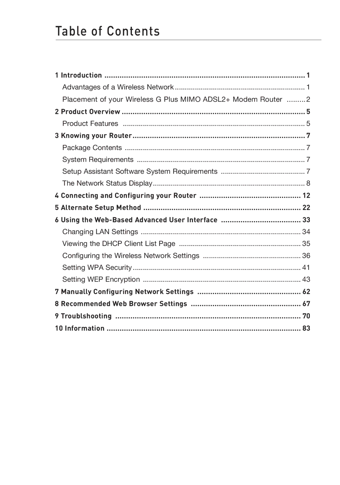 Belkin F5D9630-4 user manual Table of Contents 