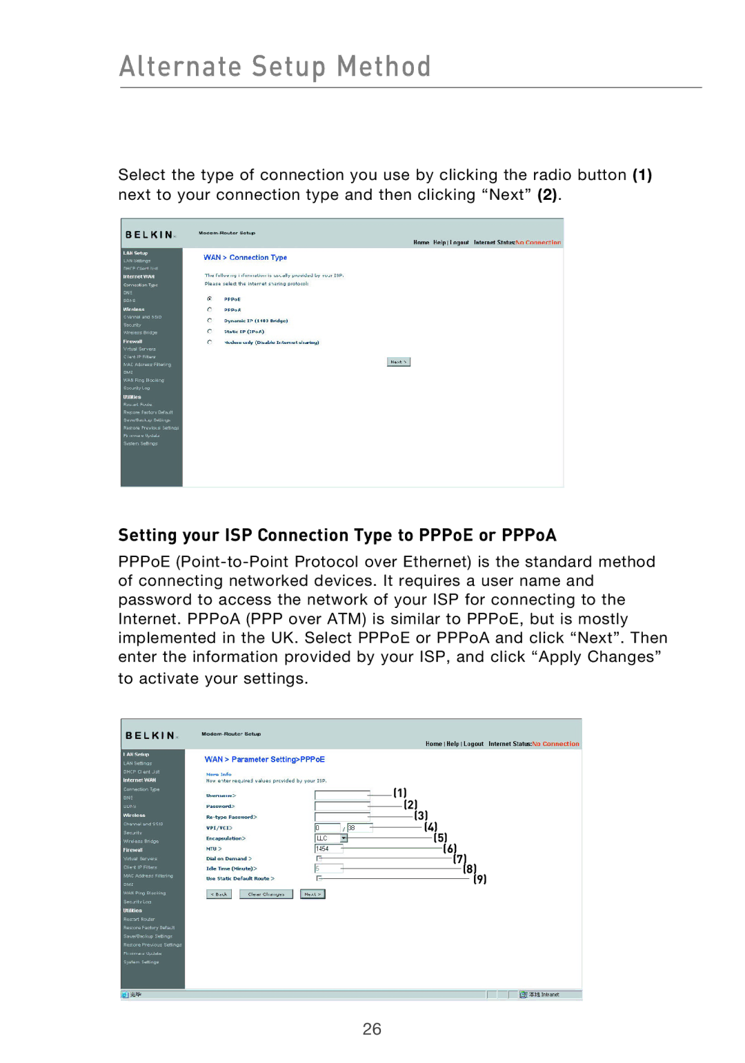 Belkin F5D9630-4 user manual Setting your ISP Connection Type to PPPoE or PPPoA 