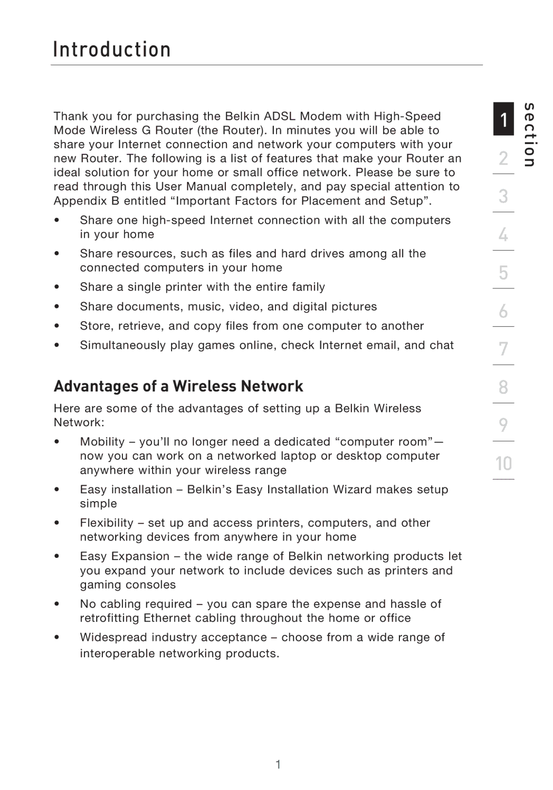 Belkin F5D9630-4 user manual Introduction, Advantages of a Wireless Network 