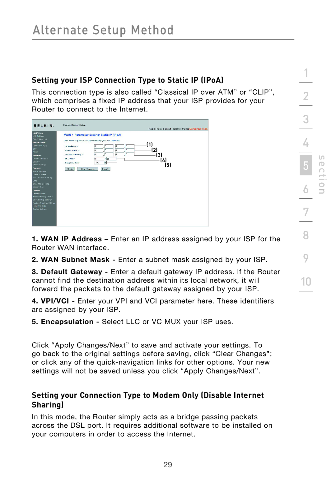 Belkin F5D9630-4 user manual Setting your ISP Connection Type to Static IP IPoA 