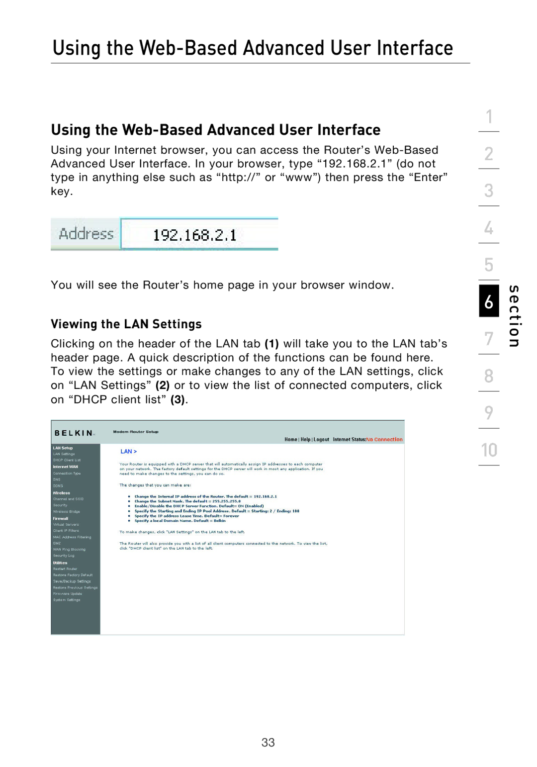 Belkin F5D9630-4 user manual Using the Web-Based Advanced User Interface, Viewing the LAN Settings 