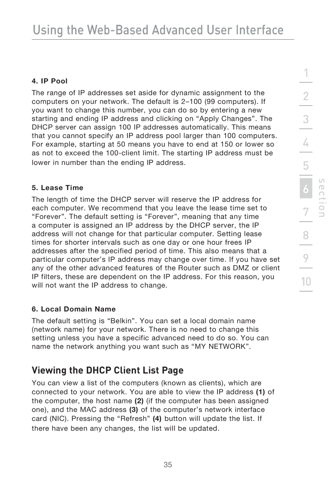 Belkin F5D9630-4 user manual Using the Web-Based Advanced User Interface, Viewing the Dhcp Client List 