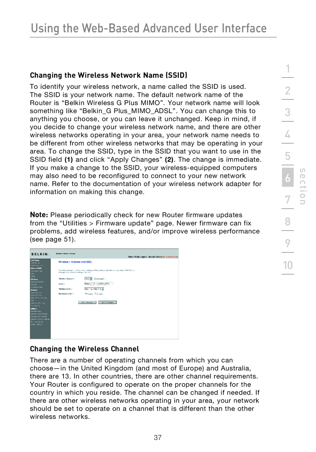 Belkin F5D9630-4 user manual Changing the Wireless Network Name Ssid, Changing the Wireless Channel 