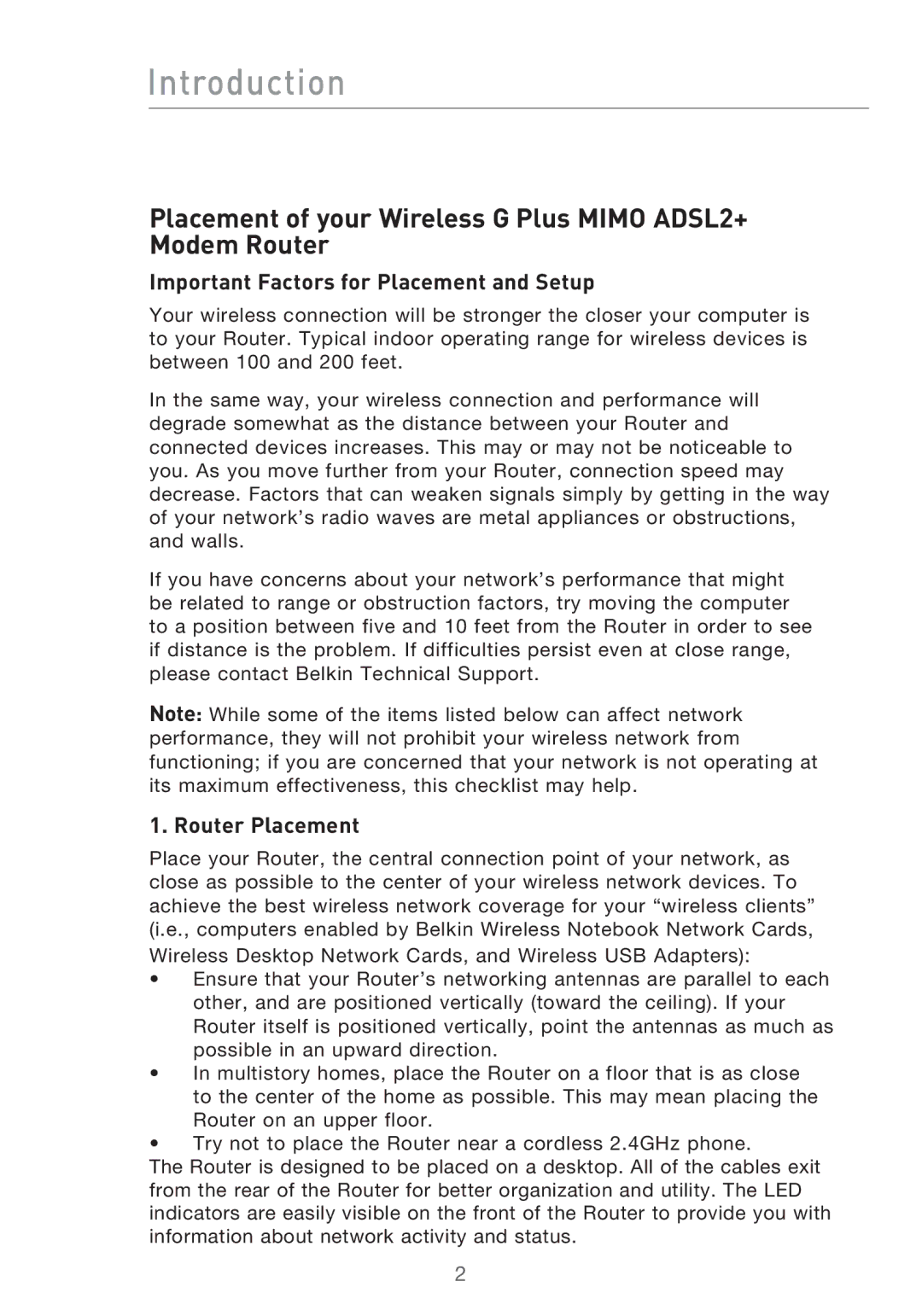 Belkin F5D9630-4 user manual Introduction, Placement of your Wireless G Plus Mimo ADSL2+ Modem Router, Router Placement 