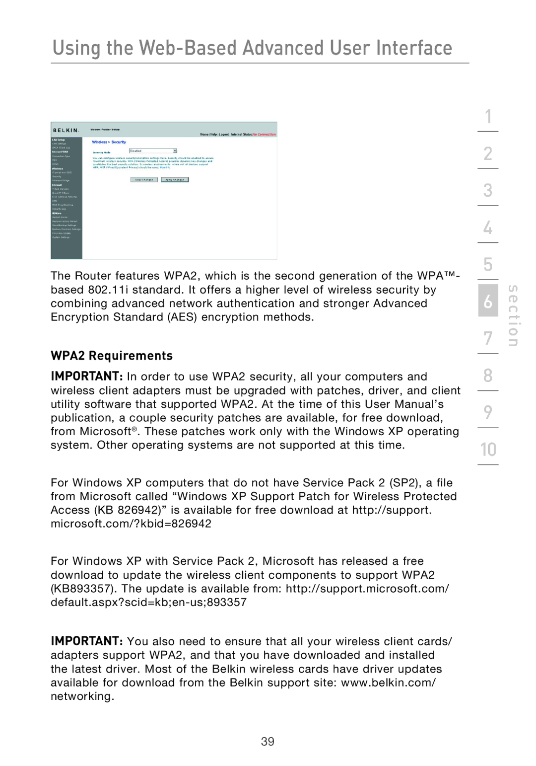 Belkin F5D9630-4 user manual WPA2 Requirements 