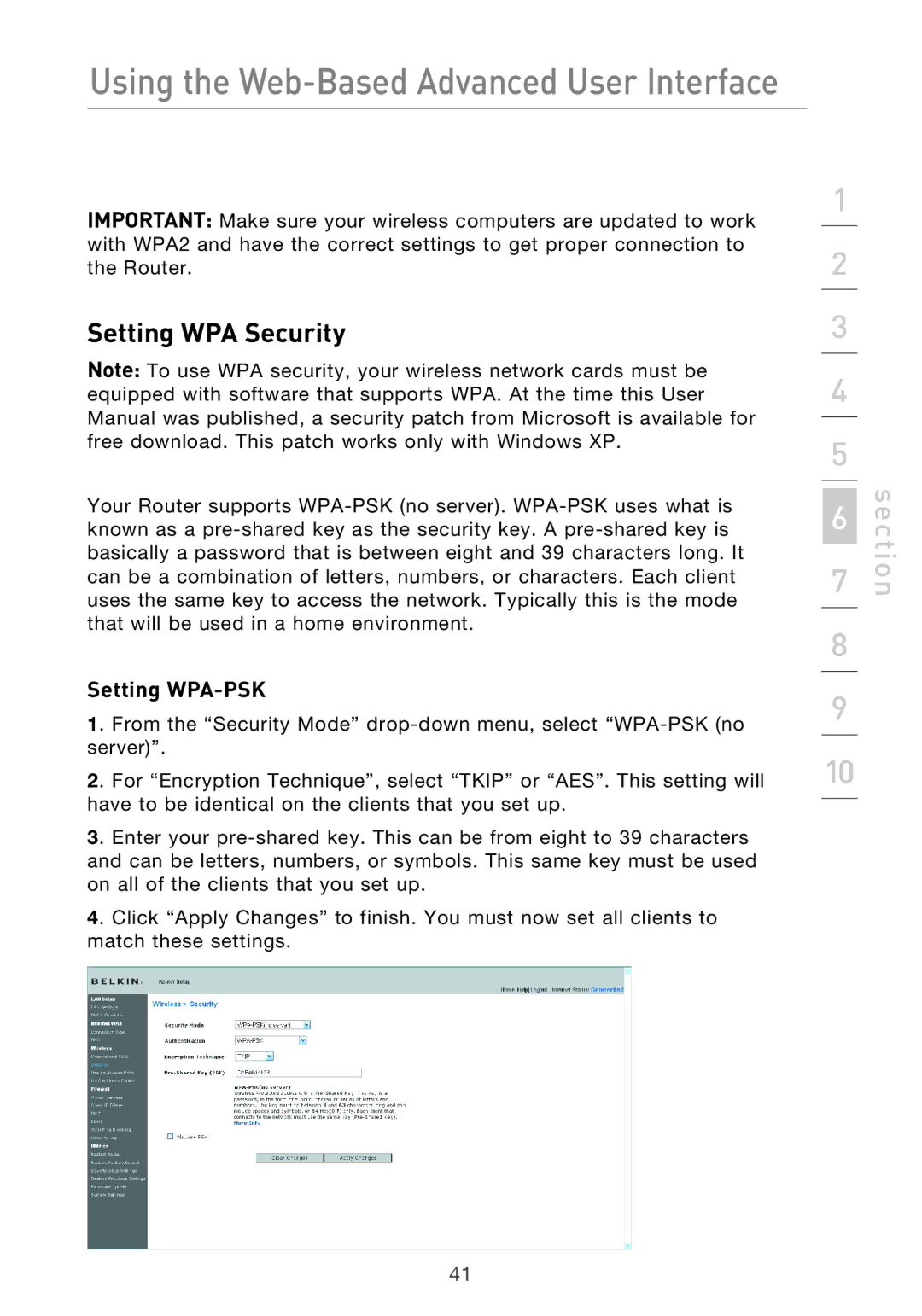 Belkin F5D9630-4 user manual Setting WPA Security, Setting WPA-PSK 