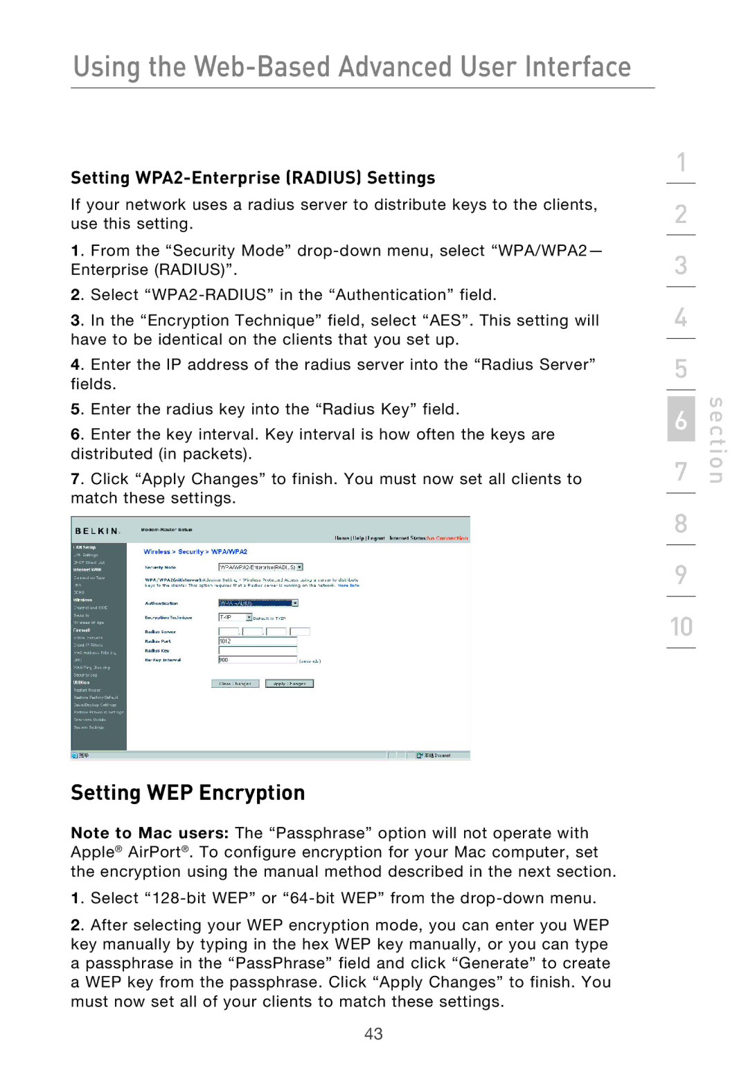 Belkin F5D9630-4 user manual Setting WEP Encryption, Setting WPA2-Enterprise Radius Settings 