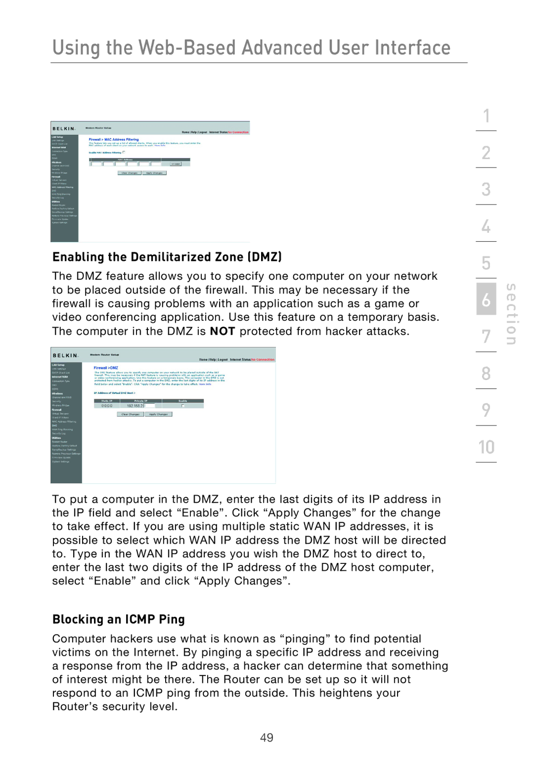 Belkin F5D9630-4 user manual Enabling the Demilitarized Zone DMZ, Blocking an Icmp Ping 