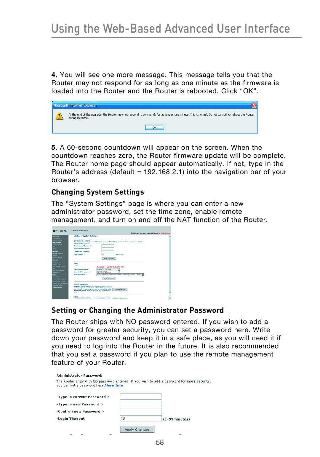 Belkin F5D9630-4 user manual Changing System Settings, Setting or Changing the Administrator Password 