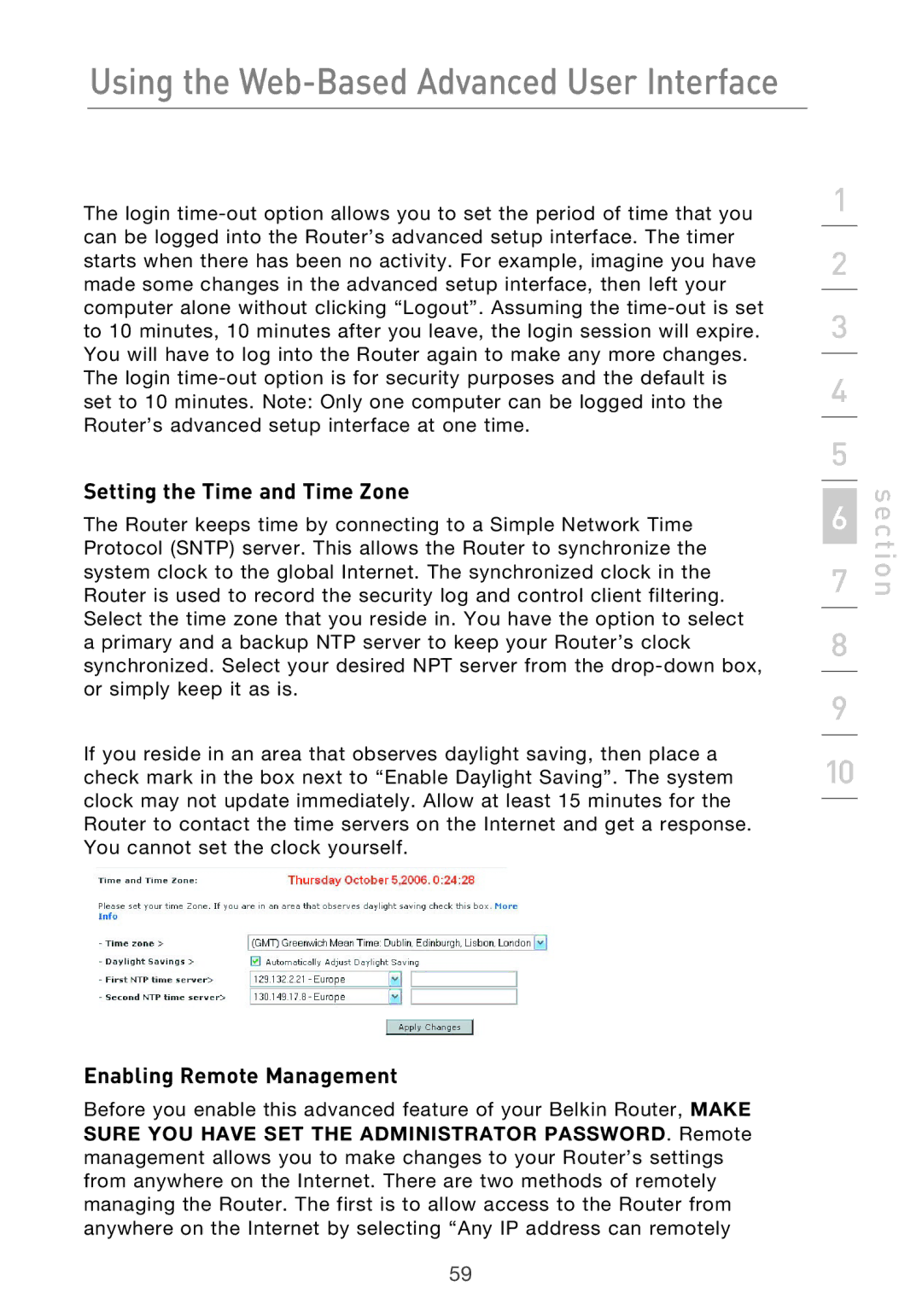 Belkin F5D9630-4 user manual Setting the Time and Time Zone, Enabling Remote Management 