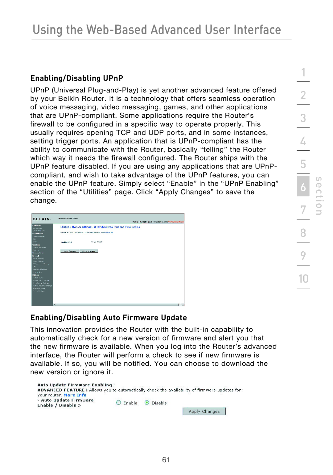 Belkin F5D9630-4 user manual Enabling/Disabling UPnP, Enabling/Disabling Auto Firmware Update 