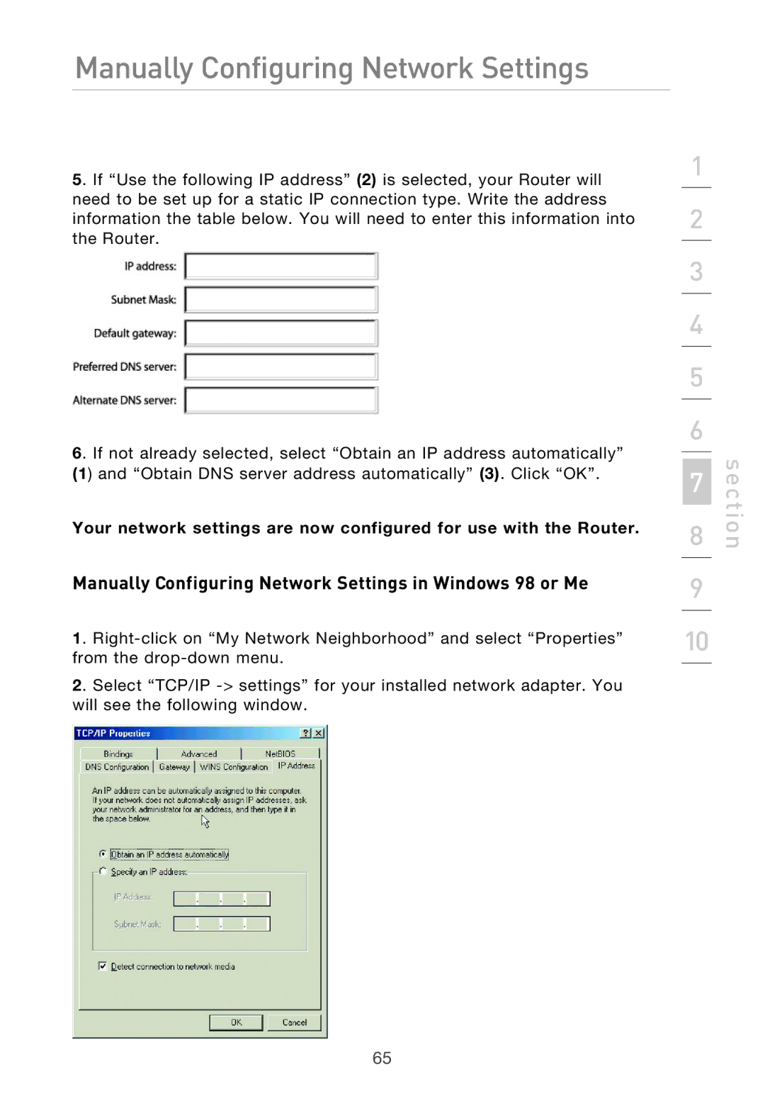 Belkin F5D9630-4 user manual Manually Configuring Network Settings in Windows 98 or Me 