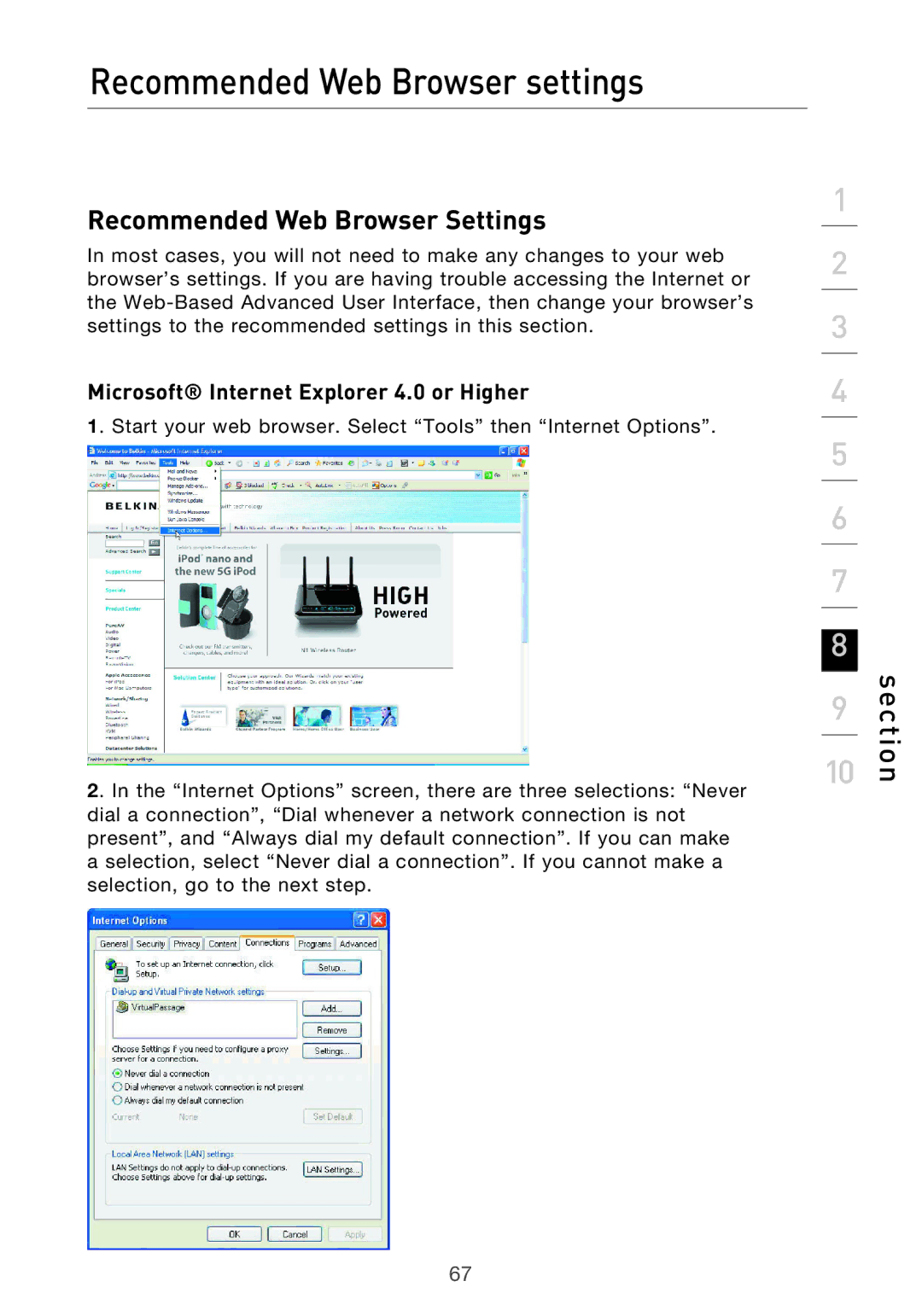 Belkin F5D9630-4 user manual Recommended Web Browser settings, Recommended Web Browser Settings 