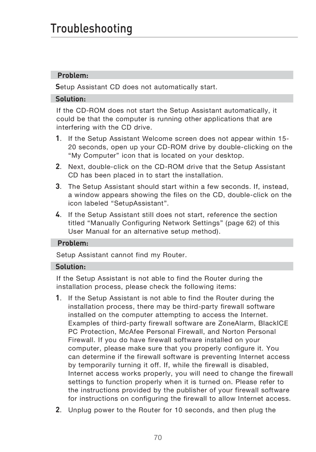 Belkin F5D9630-4 user manual Troubleshooting, Problem, Solution 