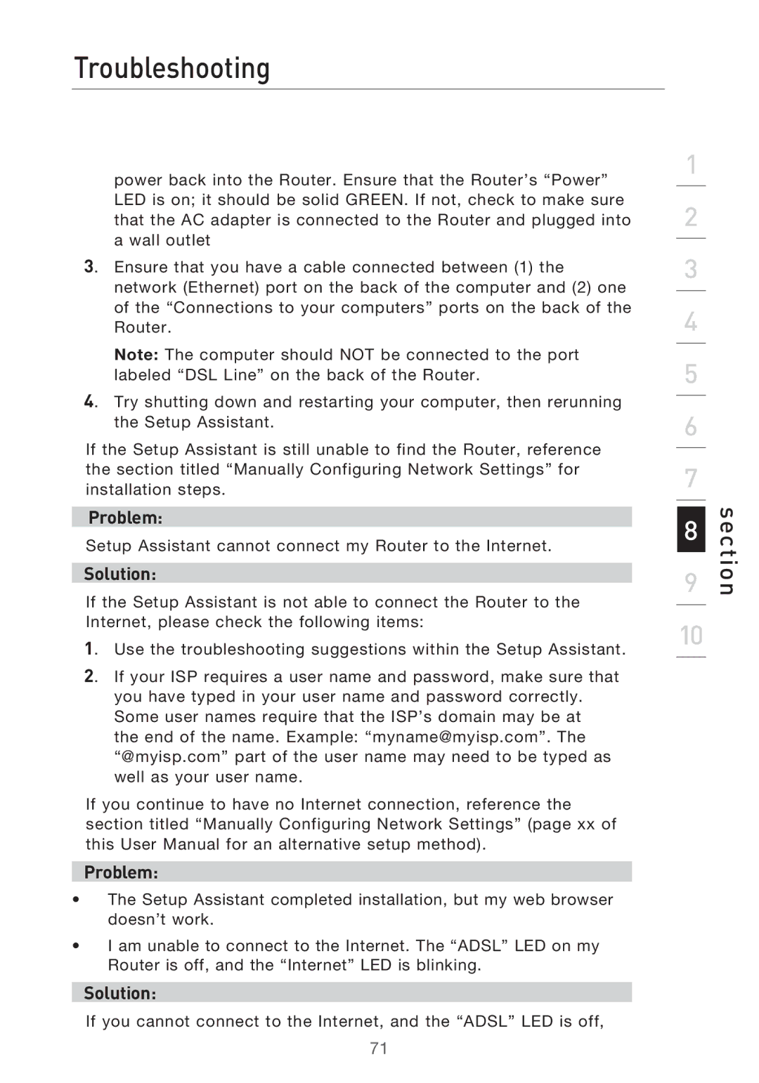 Belkin F5D9630-4 user manual Setup Assistant cannot connect my Router to the Internet 