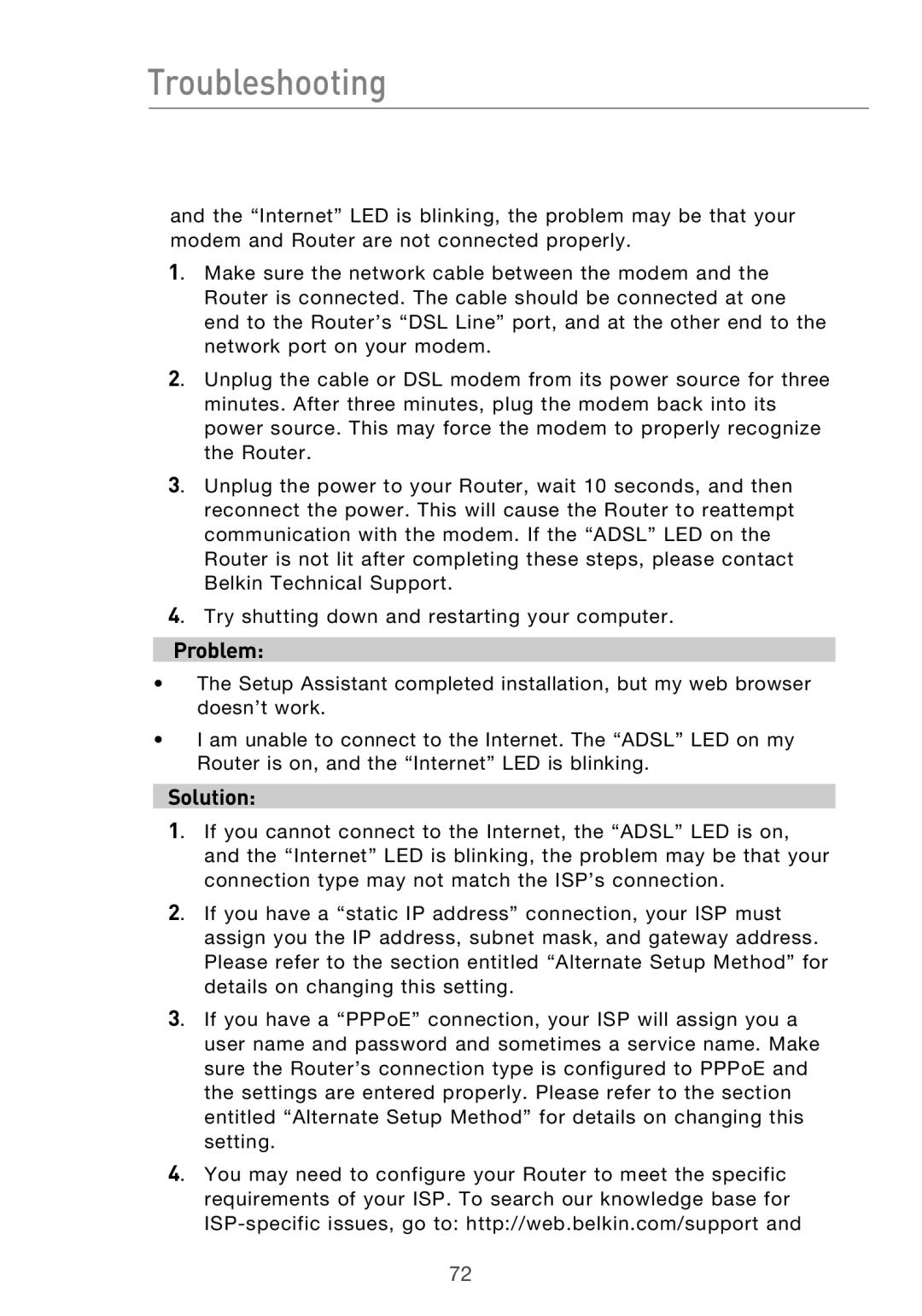 Belkin F5D9630-4 user manual Troubleshooting 