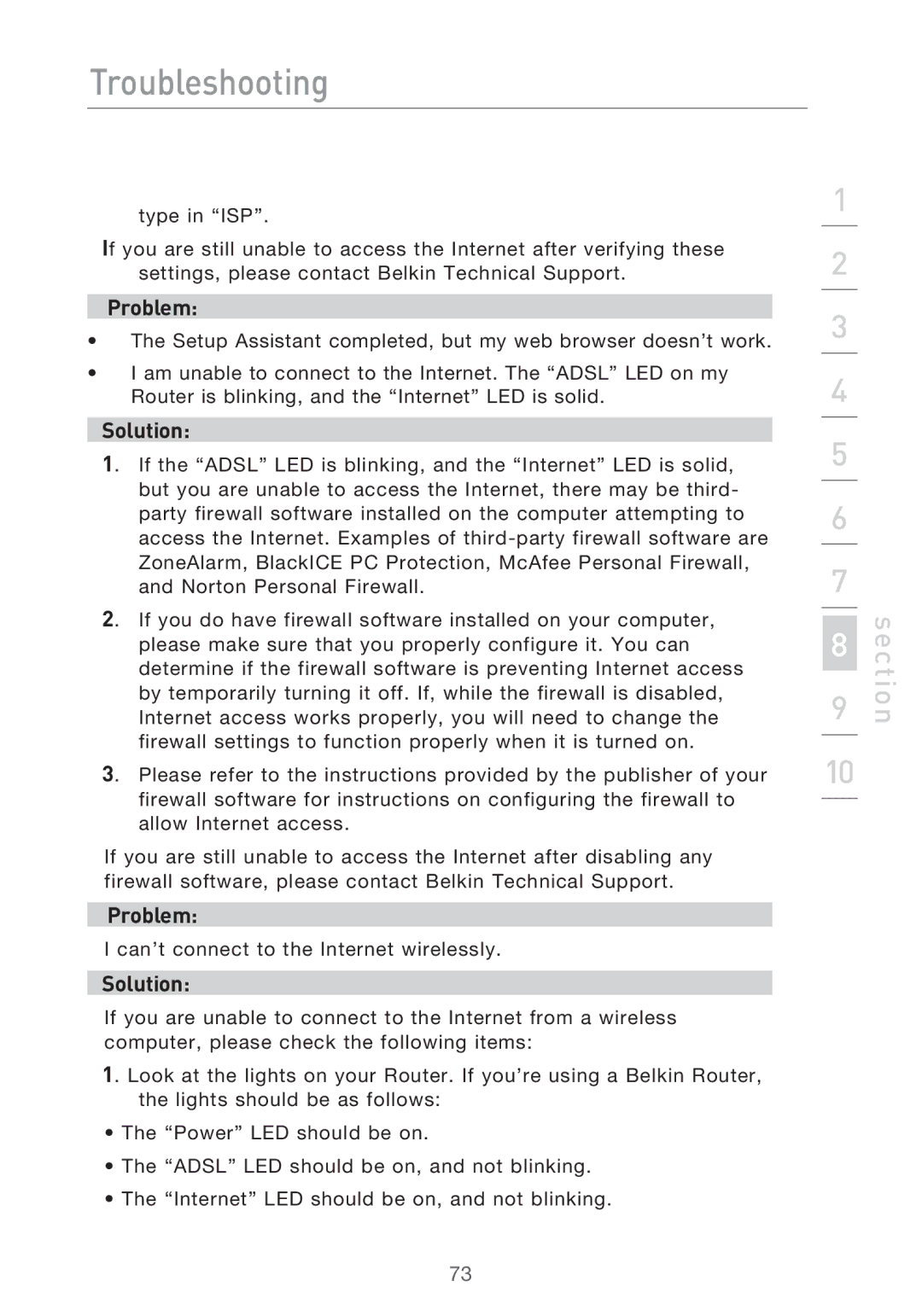 Belkin F5D9630-4 user manual Can’t connect to the Internet wirelessly 