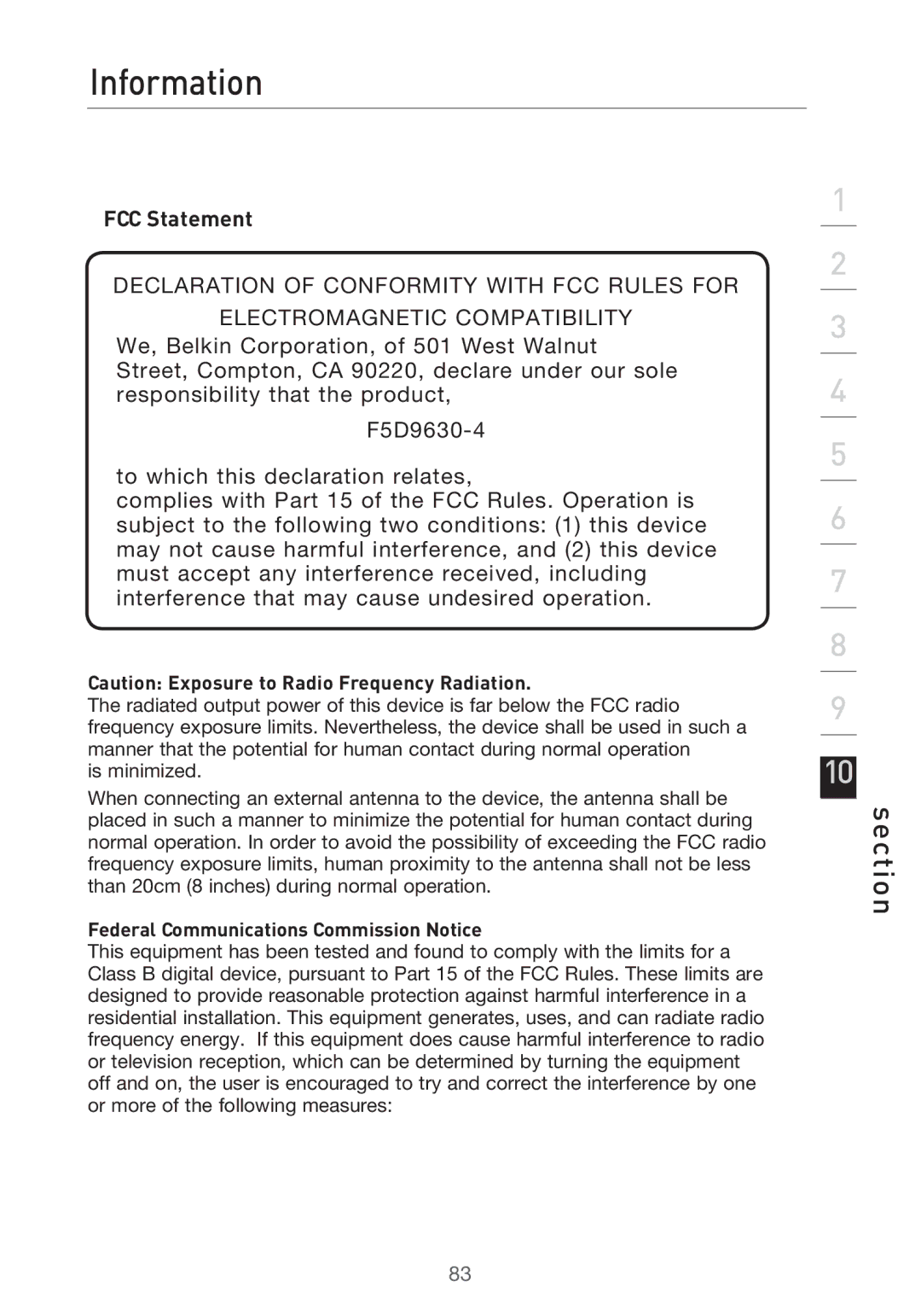 Belkin F5D9630-4 user manual Information, FCC Statement 