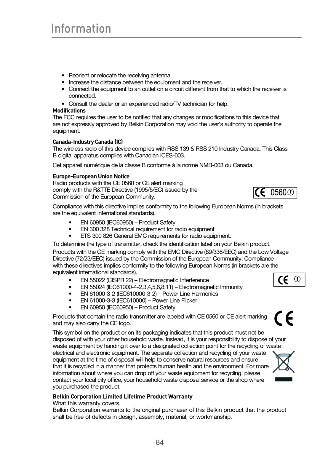 Belkin F5D9630-4 user manual Information, Modifications 