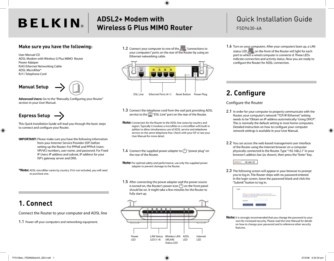 Belkin F5D9630-4A user manual Connect, Conﬁgure, Make sure you have the following, Manual Setup Express Setup 