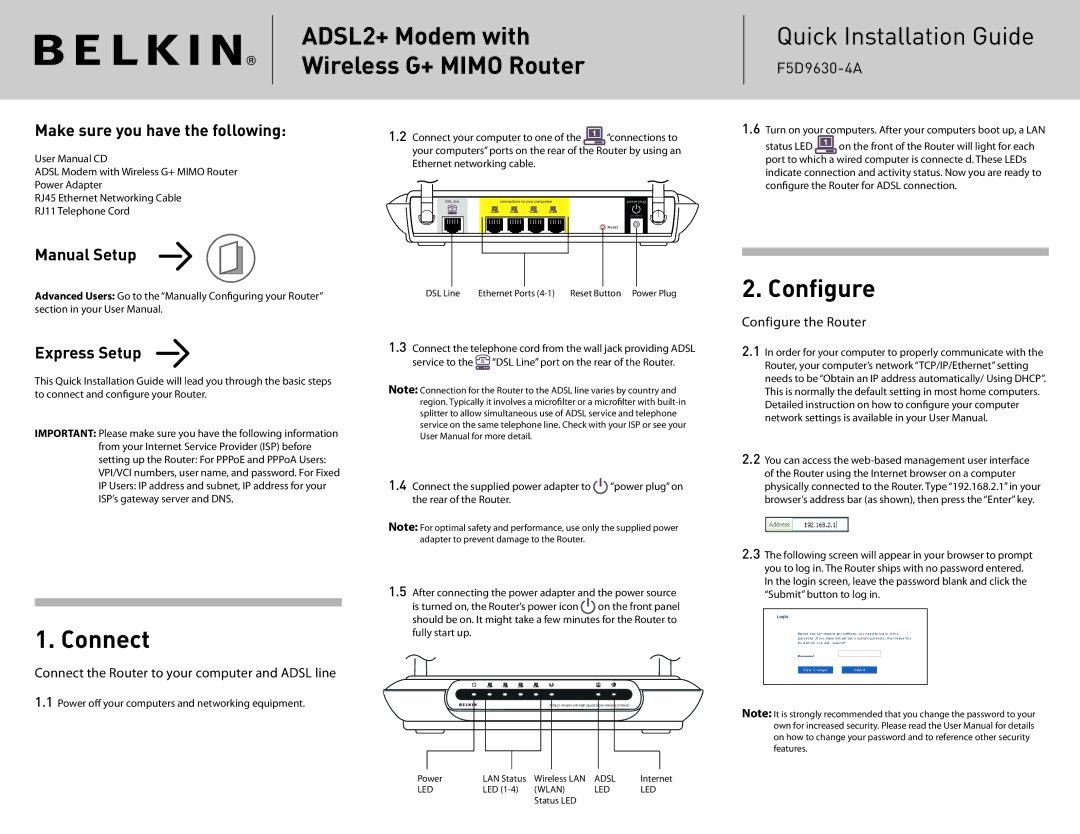 Belkin F5D9630-4A user manual Connect, Conﬁgure, Make sure you have the following, Manual Setup Express Setup 