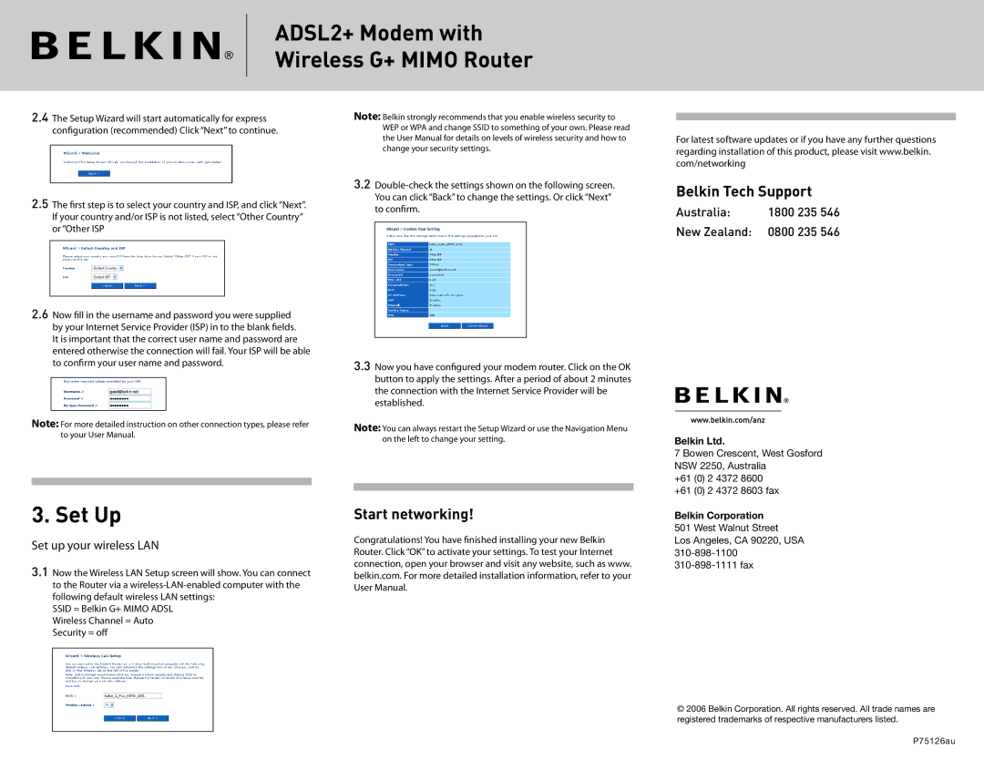 Belkin F5D9630-4A user manual Set Up, Belkin Tech Support, Start networking, Australia 1800 235 New Zealand 0800 235 