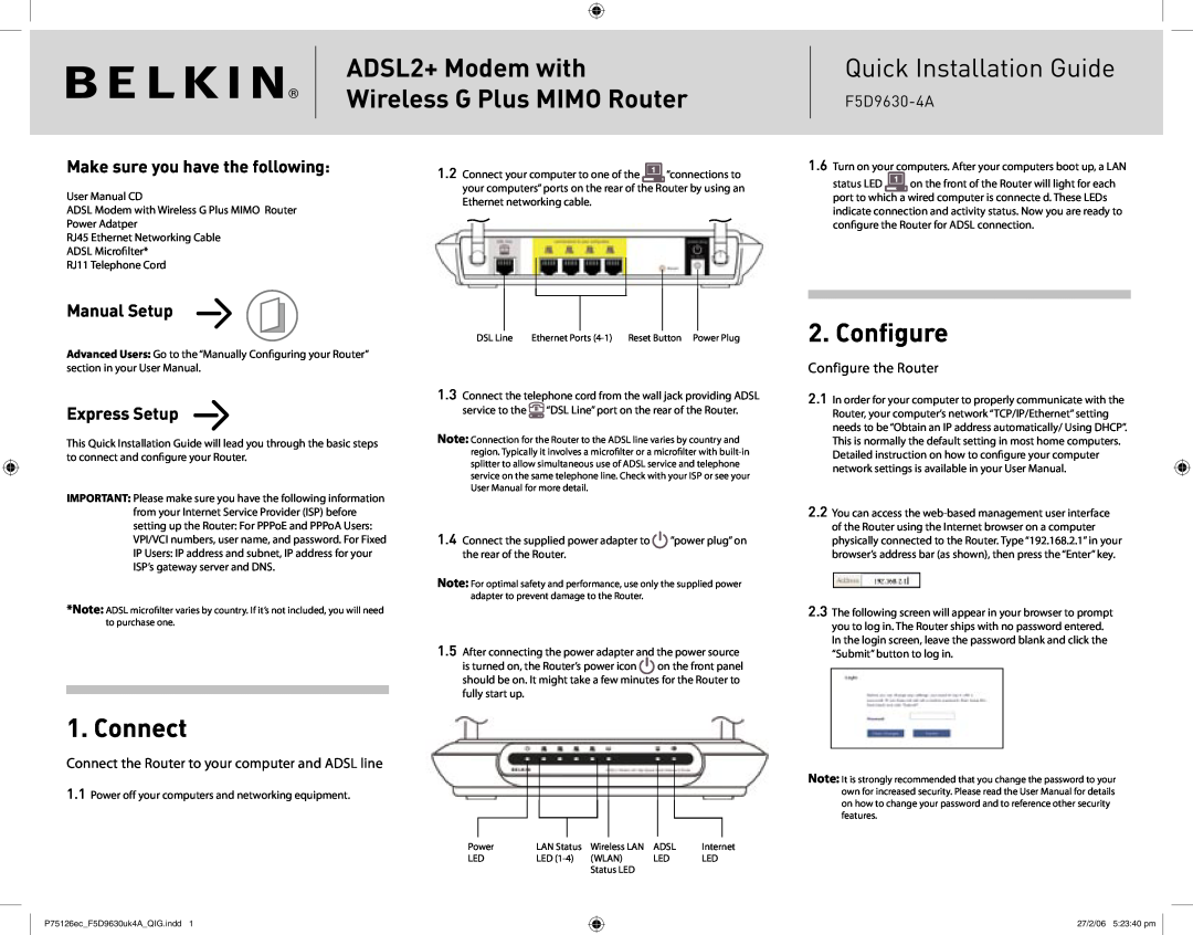 Belkin F5D9630-4A user manual Connect, Conﬁgure, ADSL2+ Modem with Wireless G+ MIMO Router, Manual Setup, Express Setup 