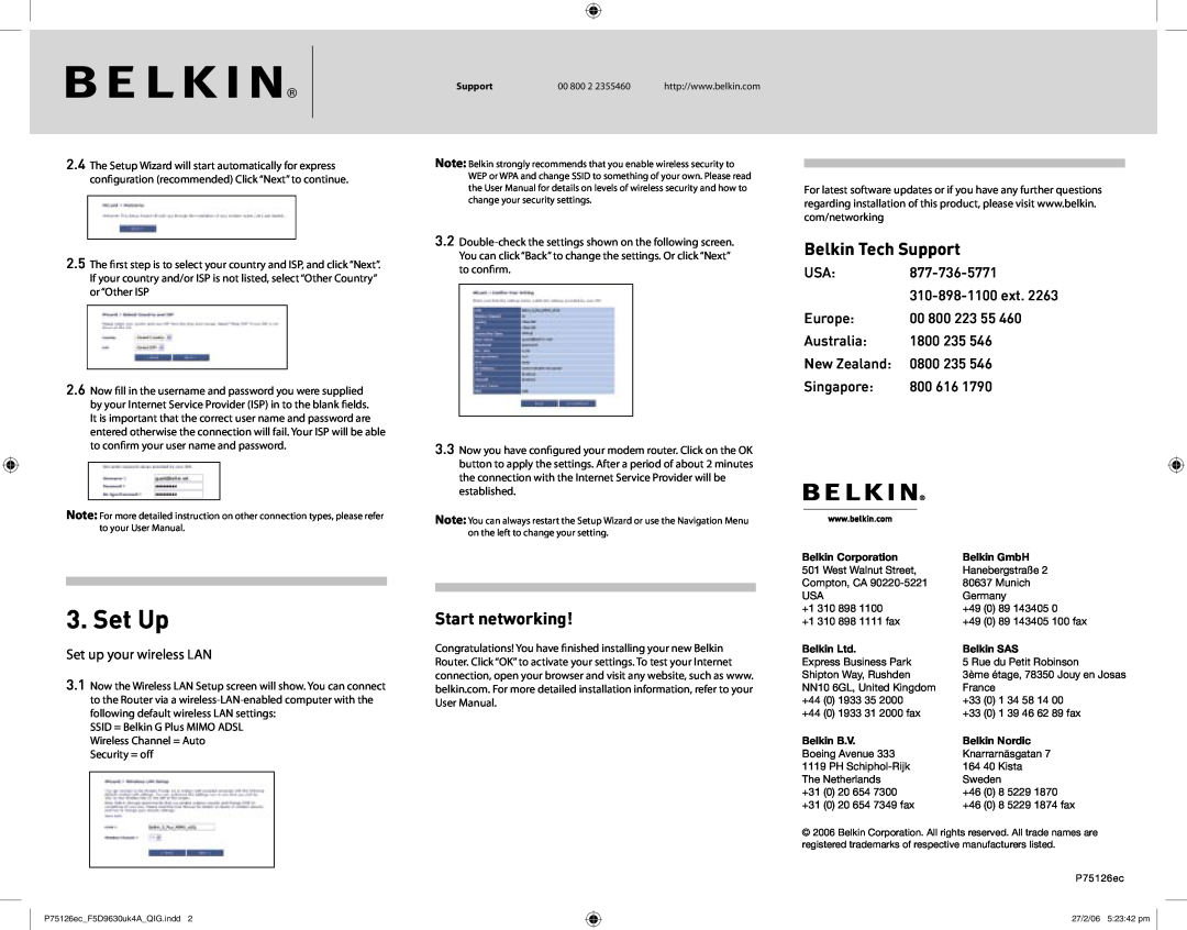 Belkin F5D9630-4A user manual Set Up, Start networking, Belkin Tech Support 