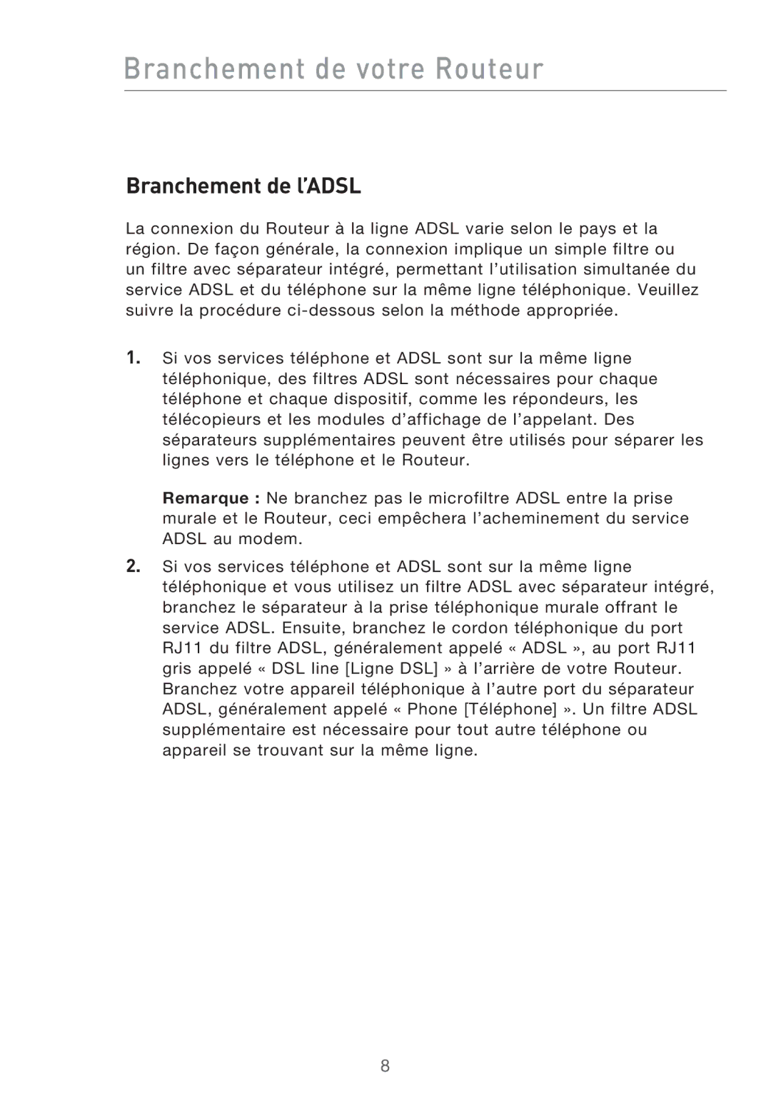 Belkin F5D9630UK4A user manual Branchement de votre Routeur, Branchement de l’ADSL 