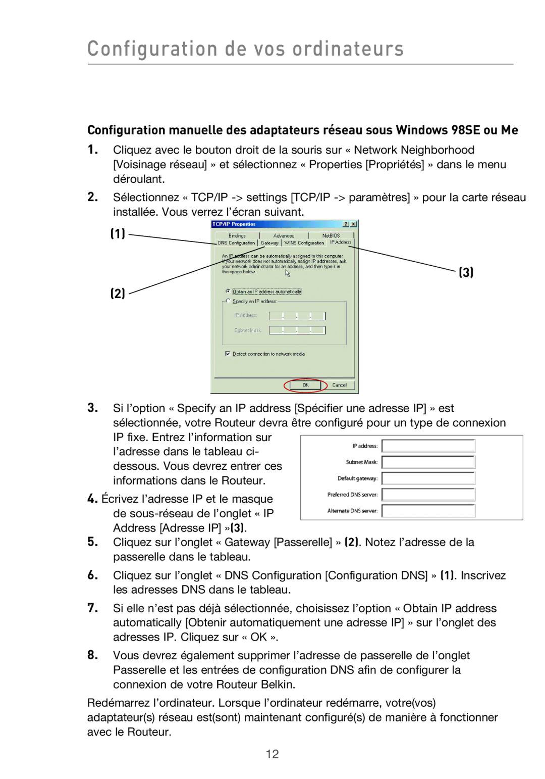 Belkin F5D9630UK4A user manual Configuration de vos ordinateurs 