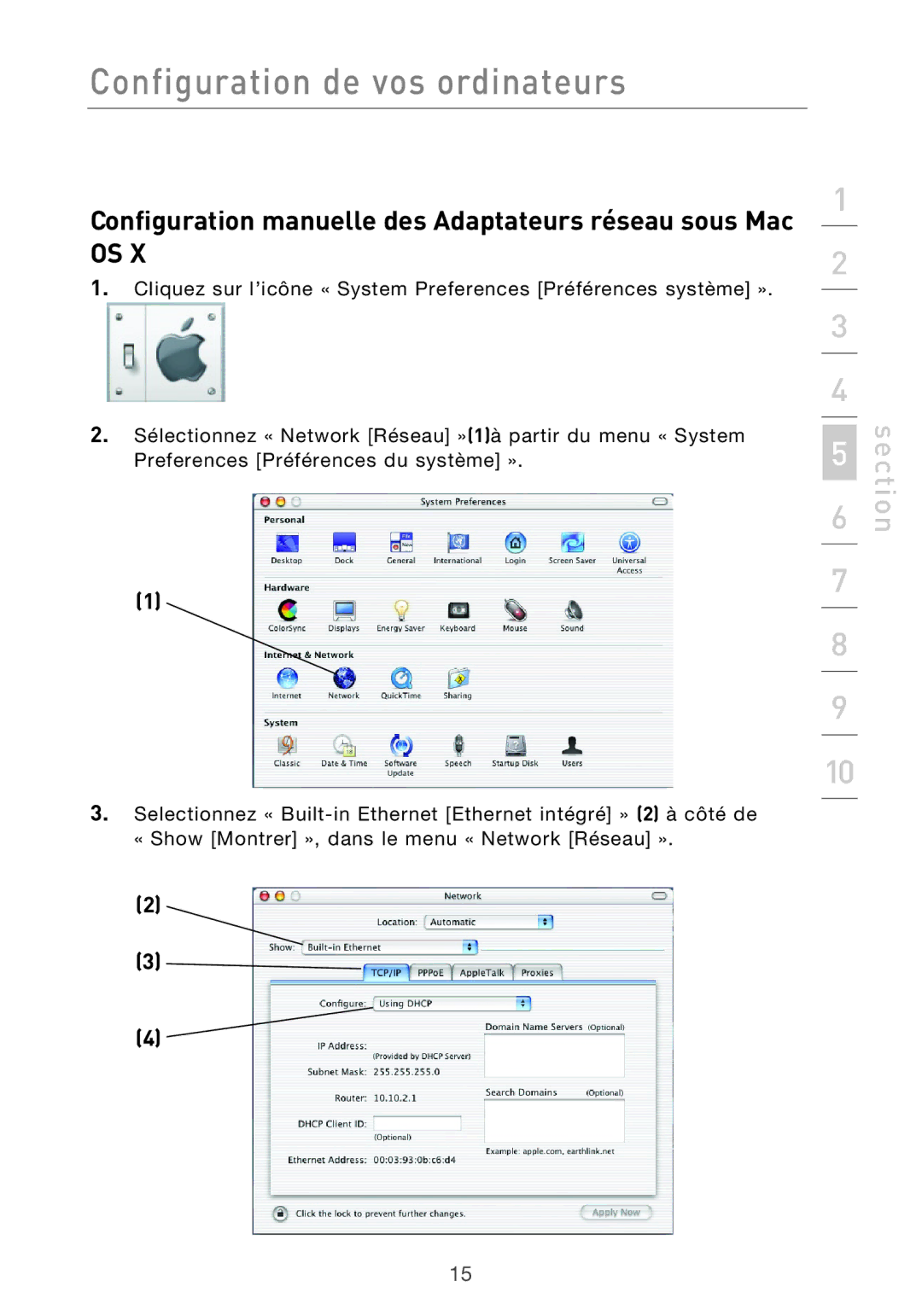 Belkin F5D9630UK4A user manual Configuration manuelle des Adaptateurs réseau sous Mac 