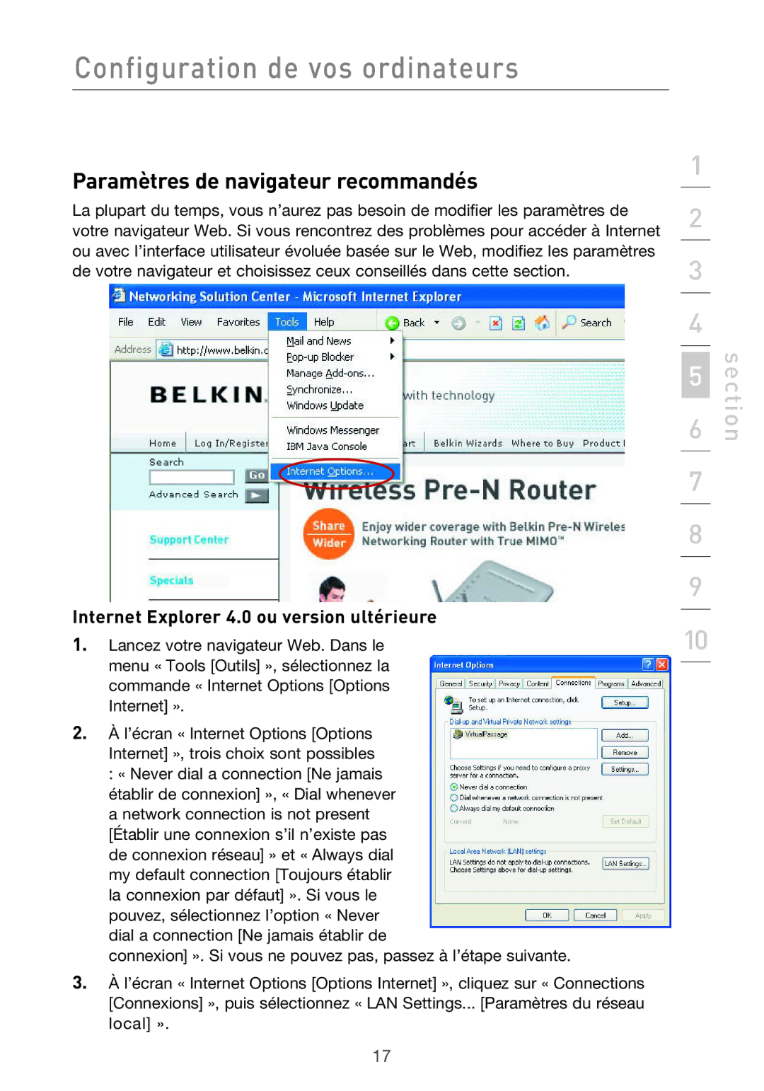 Belkin F5D9630UK4A user manual Paramètres de navigateur recommandés, Internet Explorer 4.0 ou version ultérieure 