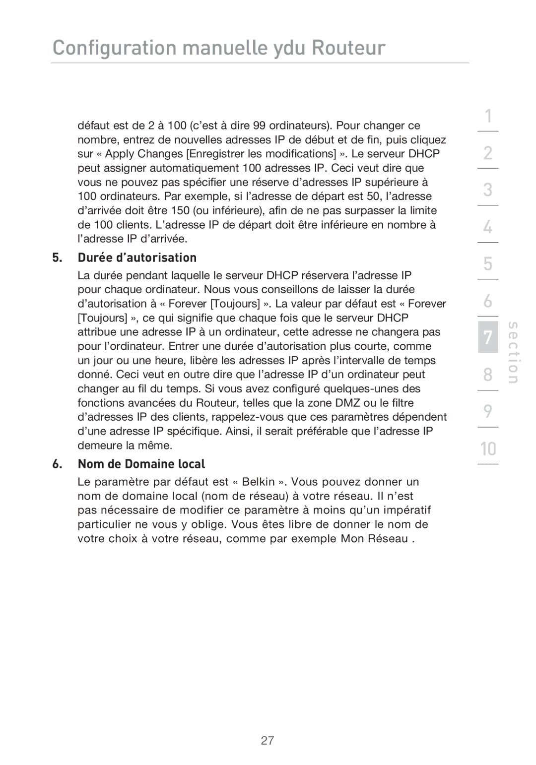 Belkin F5D9630UK4A user manual Durée d’autorisation, Nom de Domaine local 