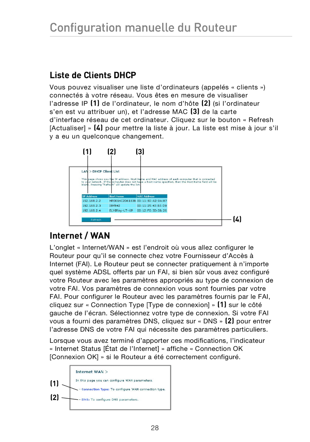 Belkin F5D9630UK4A user manual Liste de Clients Dhcp, Internet / WAN 