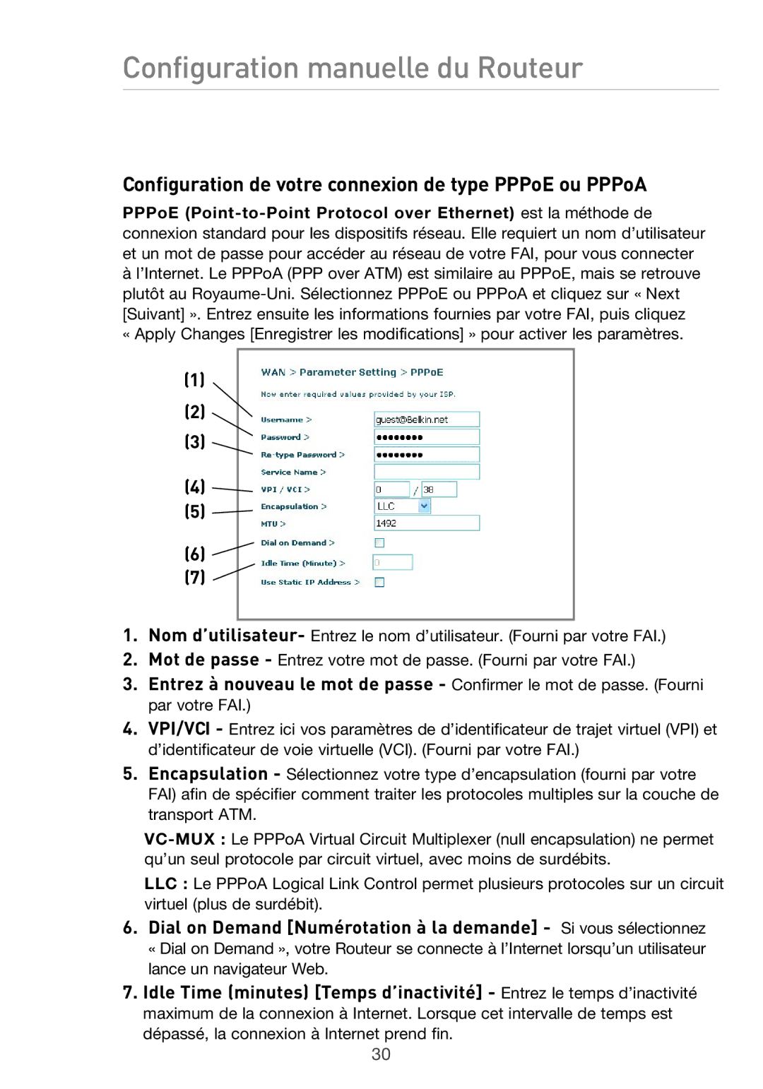 Belkin F5D9630UK4A user manual Configuration de votre connexion de type PPPoE ou PPPoA 