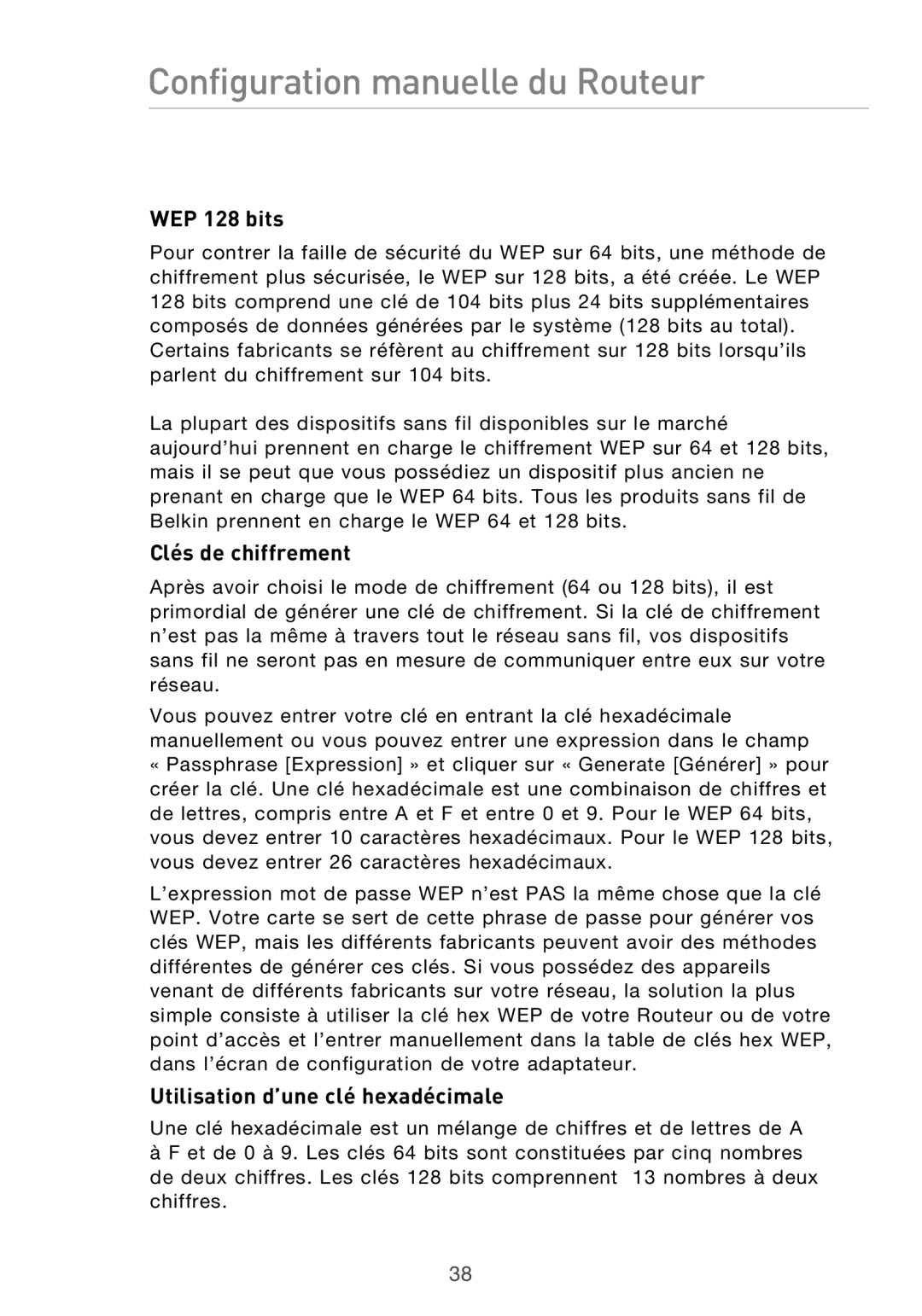 Belkin F5D9630UK4A user manual WEP 128 bits, Clés de chiffrement, Utilisation d’une clé hexadécimale 