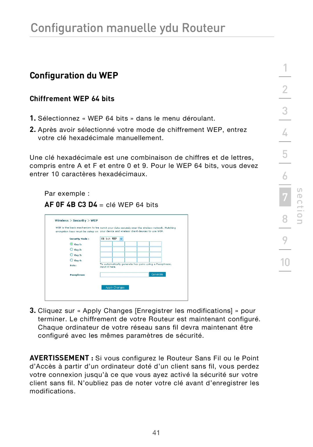 Belkin F5D9630UK4A user manual Configuration du WEP, Chiffrement WEP 64 bits 