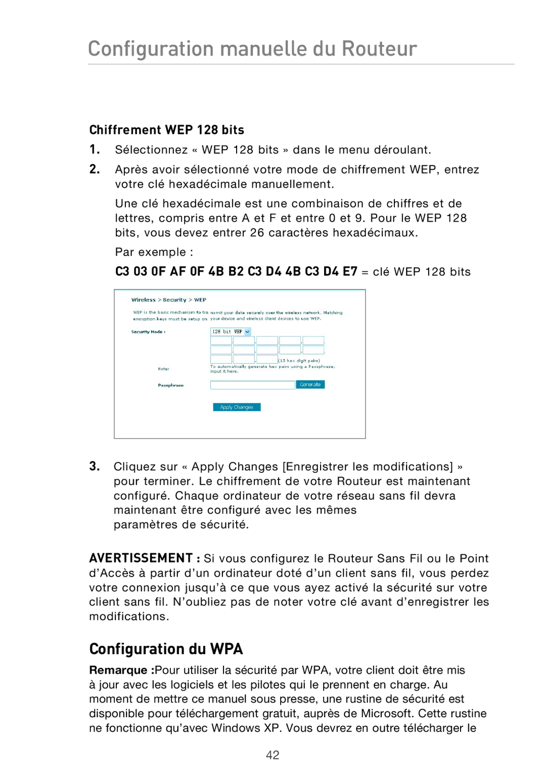 Belkin F5D9630UK4A user manual Configuration du WPA, Chiffrement WEP 128 bits 