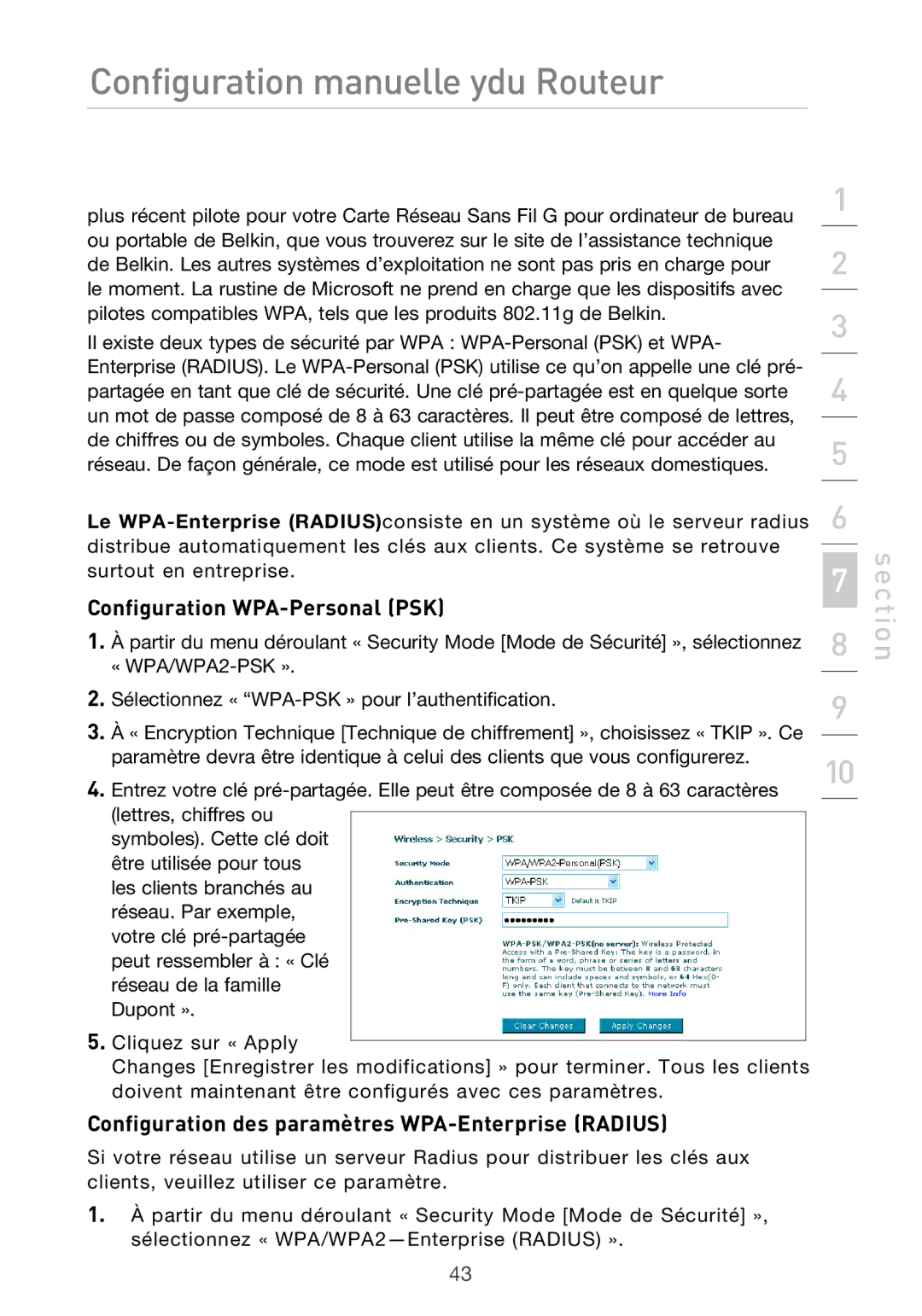 Belkin F5D9630UK4A user manual Configuration WPA-Personal PSK, Configuration des paramètres WPA-Enterprise Radius 