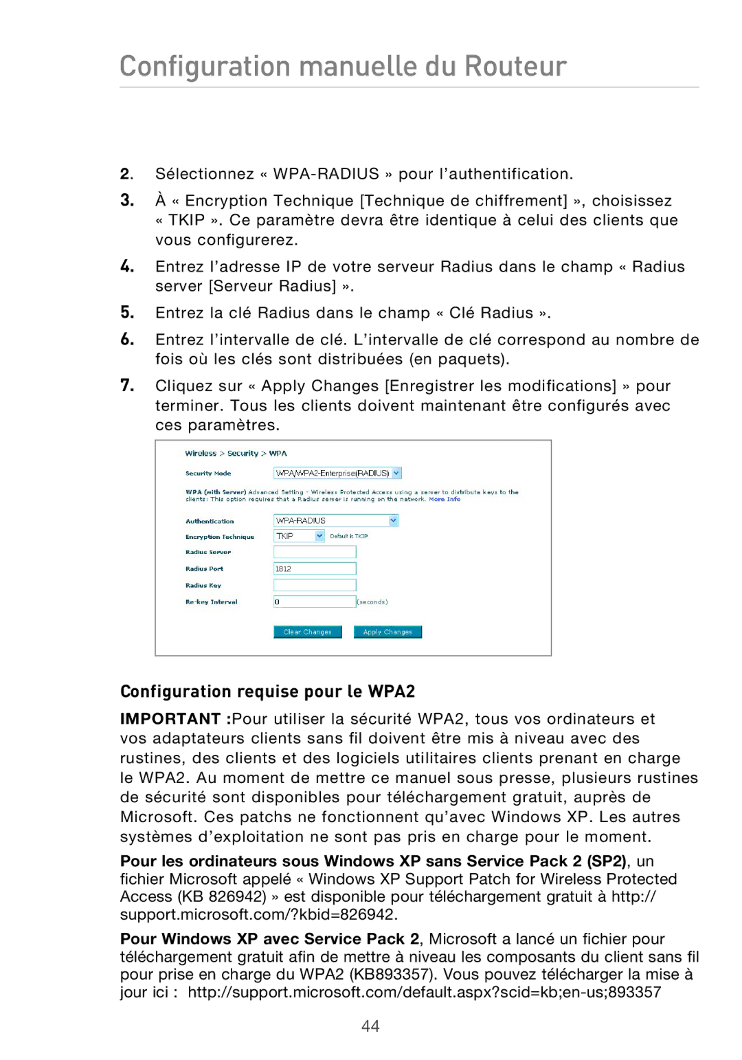 Belkin F5D9630UK4A user manual Configuration requise pour le WPA2 