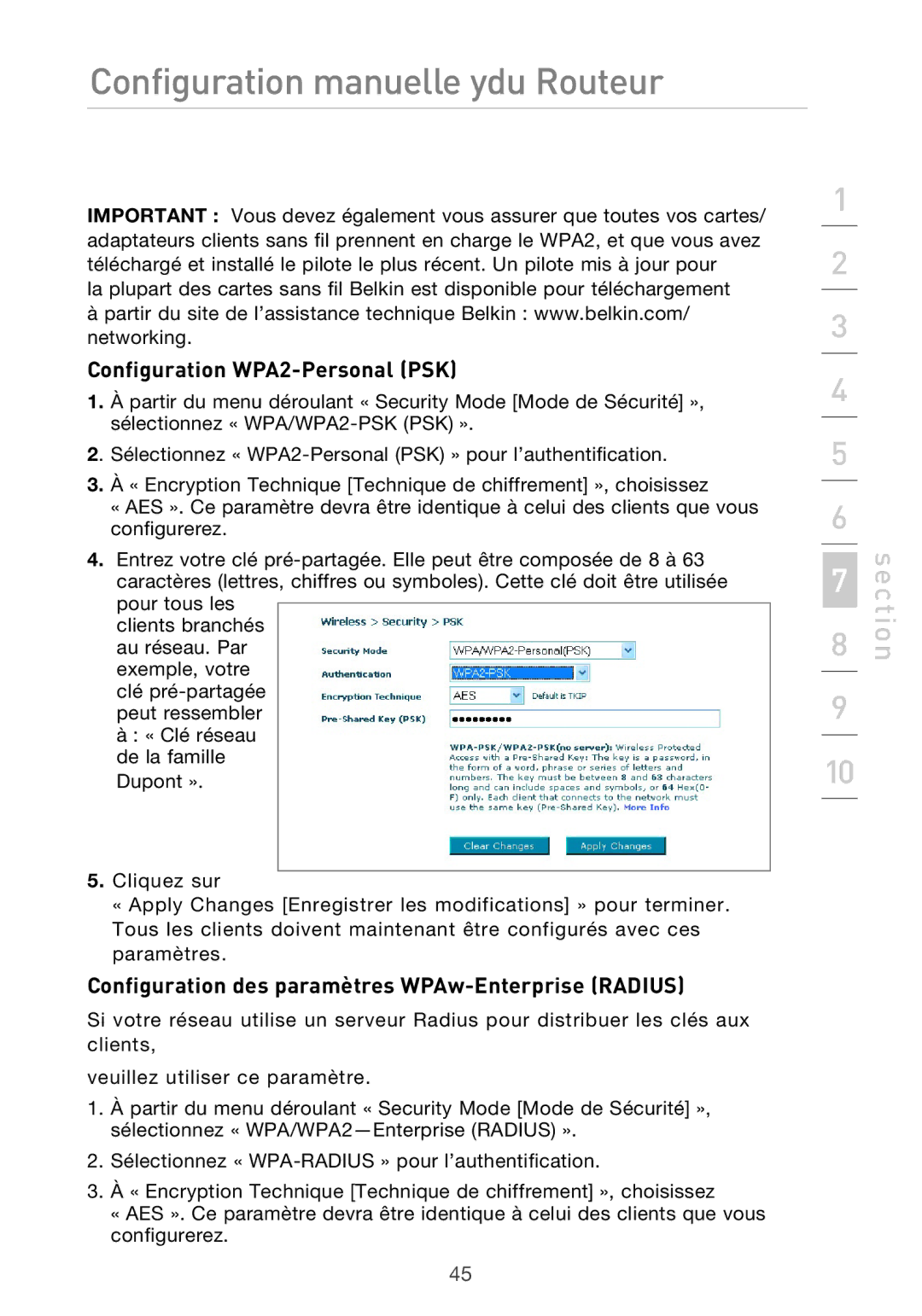 Belkin F5D9630UK4A user manual Configuration WPA2-Personal PSK, Configuration des paramètres WPAw-Enterprise Radius 