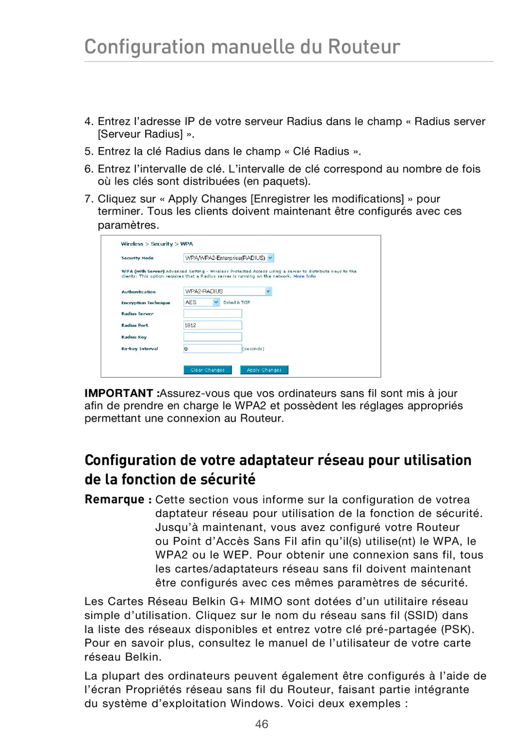 Belkin F5D9630UK4A user manual Configuration manuelle du Routeur 