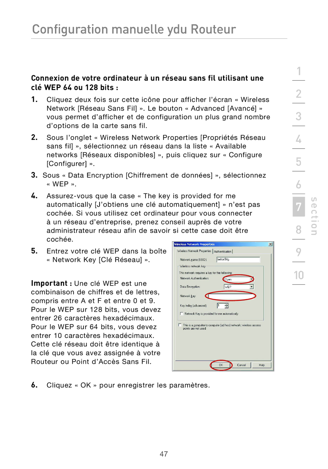 Belkin F5D9630UK4A user manual Configuration manuelle ydu Routeur 