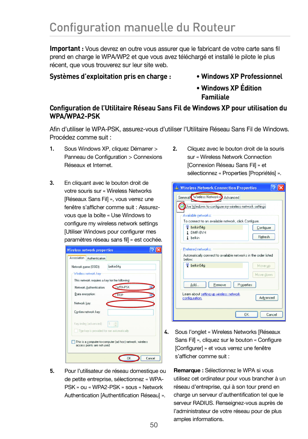 Belkin F5D9630UK4A user manual Systèmes d’exploitation pris en charge, Windows XP Édition, Familiale 