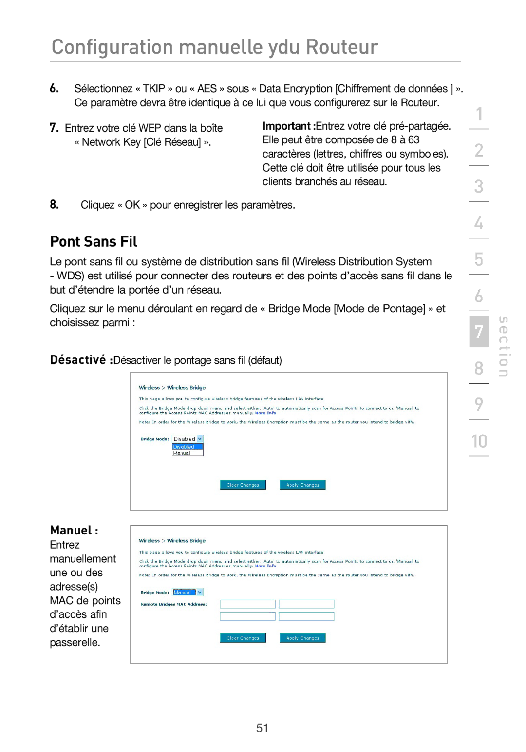 Belkin F5D9630UK4A user manual Pont Sans Fil, Manuel 