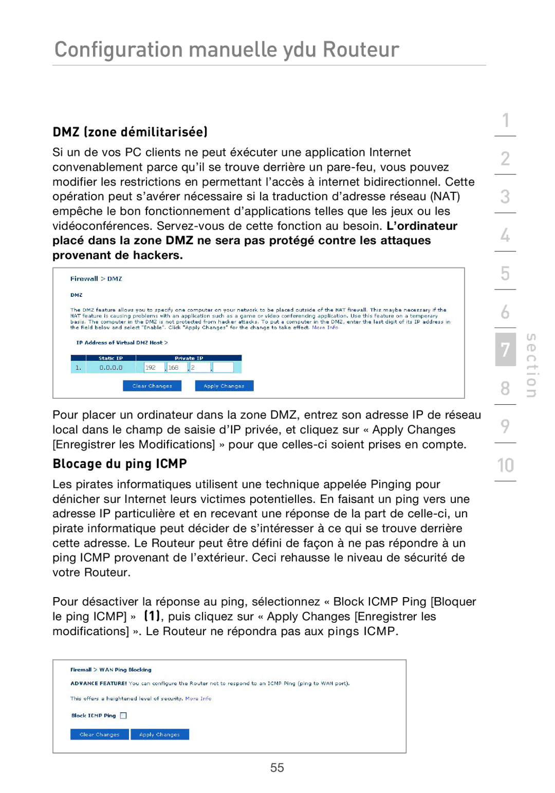 Belkin F5D9630UK4A user manual DMZ zone démilitarisée, Blocage du ping Icmp 