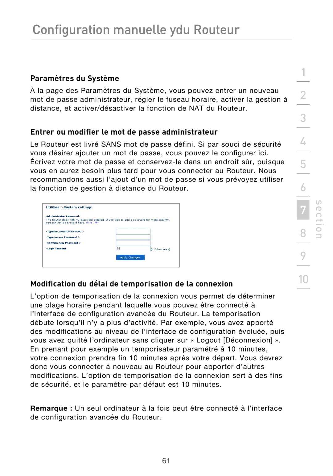 Belkin F5D9630UK4A user manual Paramètres du Système, Entrer ou modifier le mot de passe administrateur 